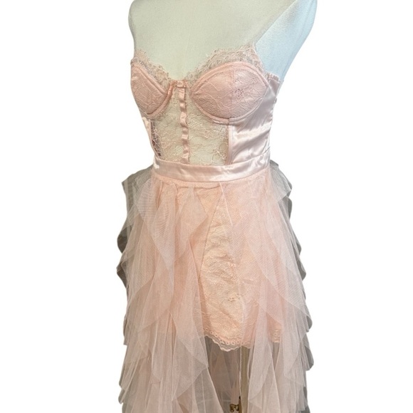 PINK Lace Mesh Tulle Mini‎ Maxi Flowy Bustier Corset Dress Size S Ruffle Sexy - Picture 5 of 8